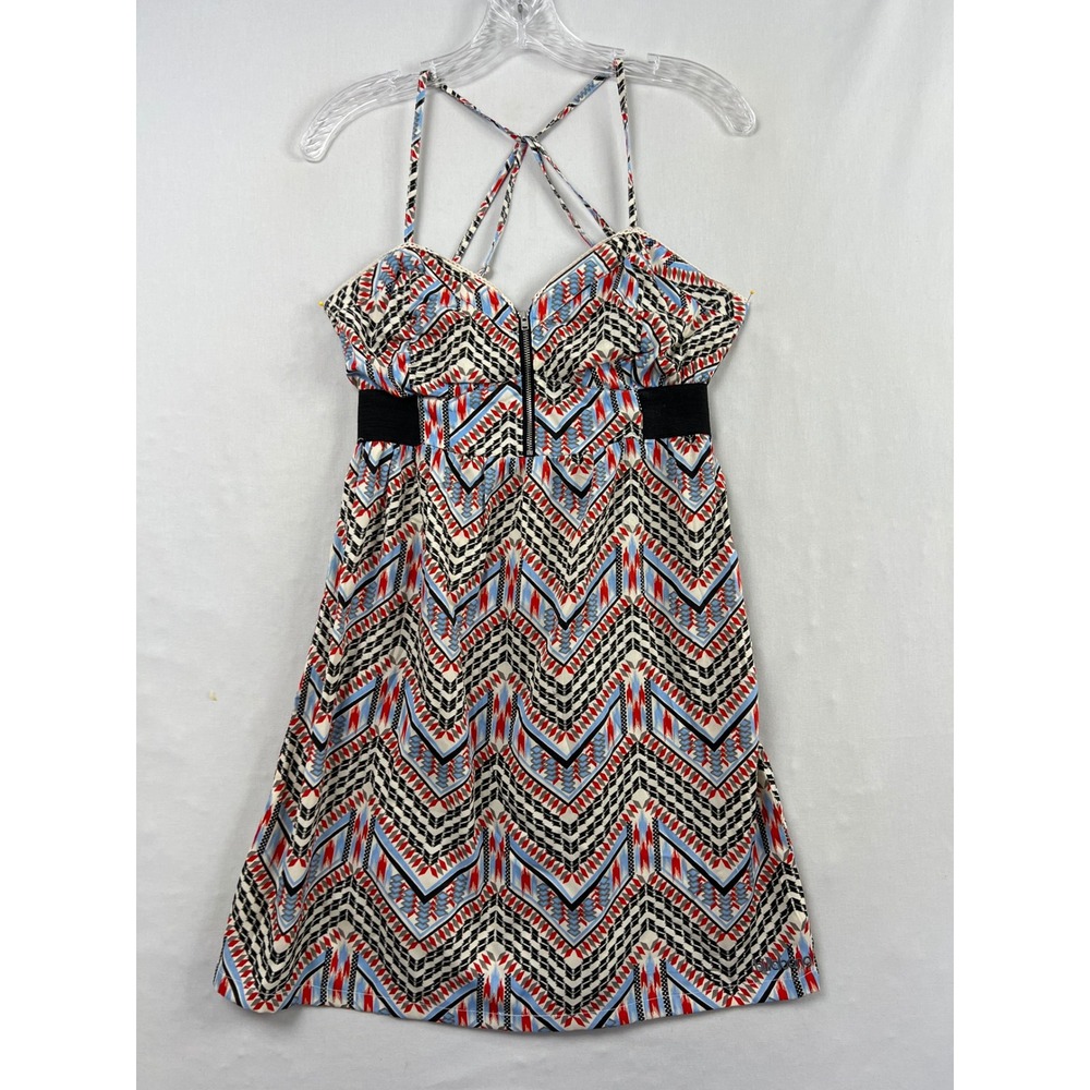 Billabong Mini Dress Womens M Multicolor Geometric Strappy Empire Front Zipper